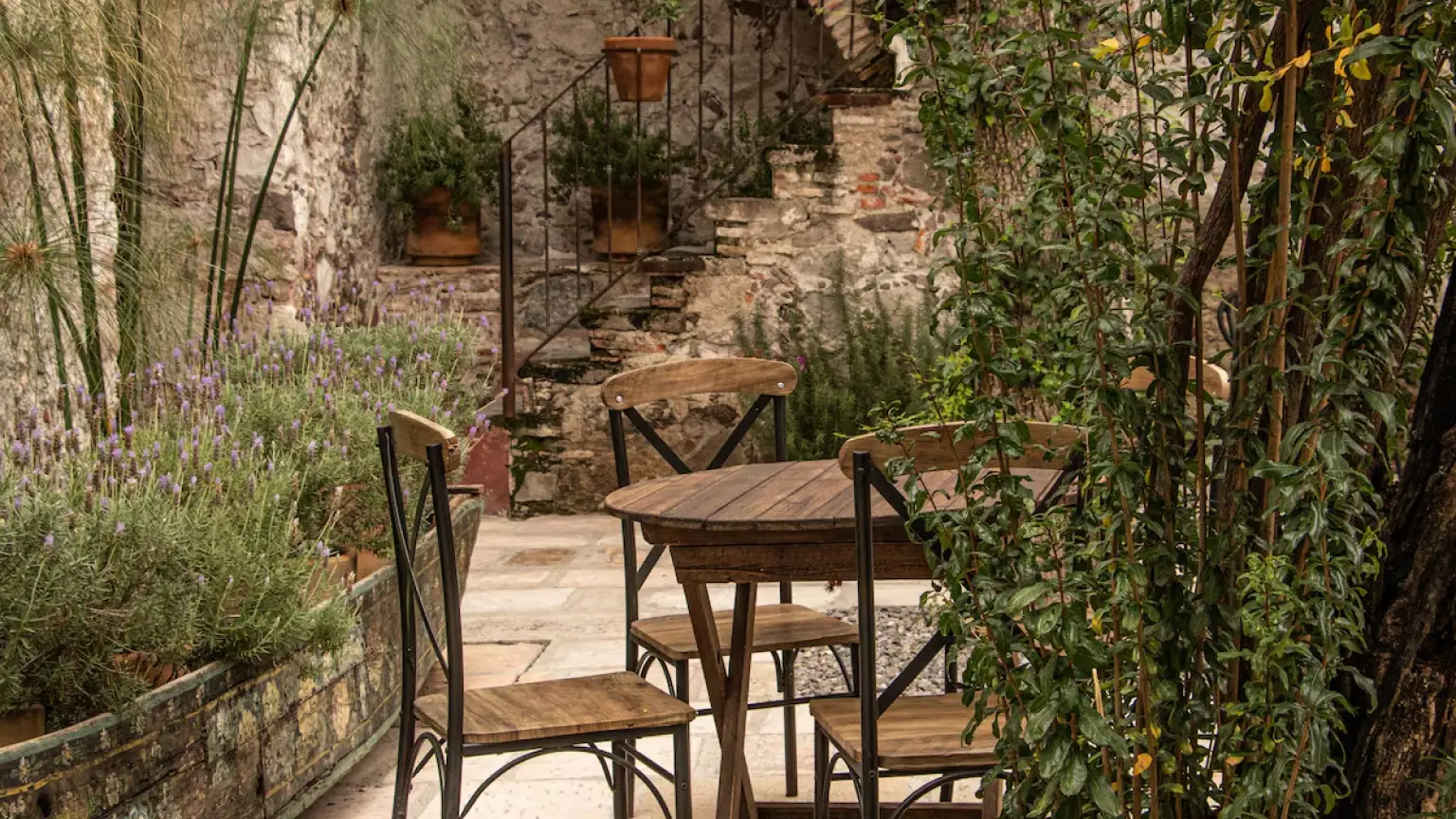 A garden corner with a wooden table and chairs, among lavender plants and a stone stairway