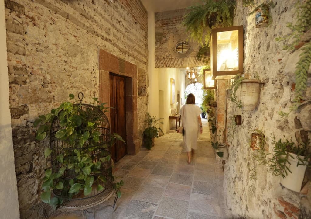 A guest walks through a stone corridor of the house, among hanging plants and warm light